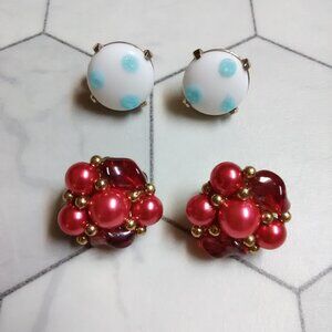 Trifari two pair clip on earrings - white glass with blue dots & beaded pair